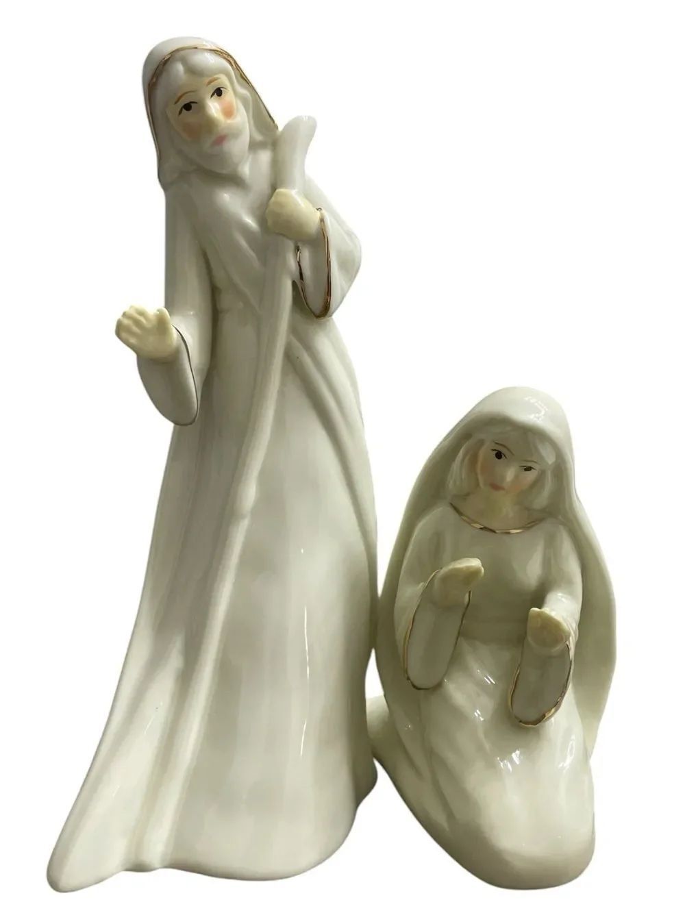Ceramic Nativity Set Mary & Joseph Figurines White Gold Accent